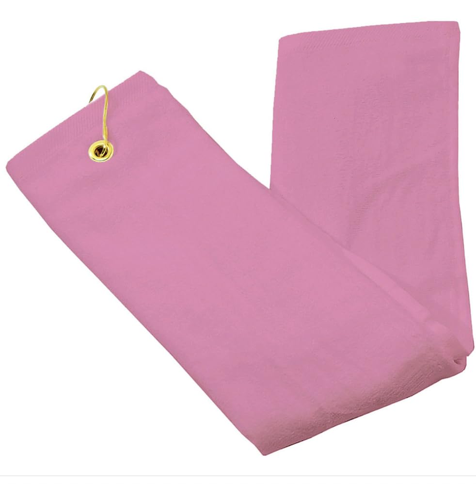 Tri‑Fold Golf Towel 16x26 Cotton Velour with Brass Grommet & Hook — Embroidery‑Ready — Baby Pink — Attaches to Golf Bag.