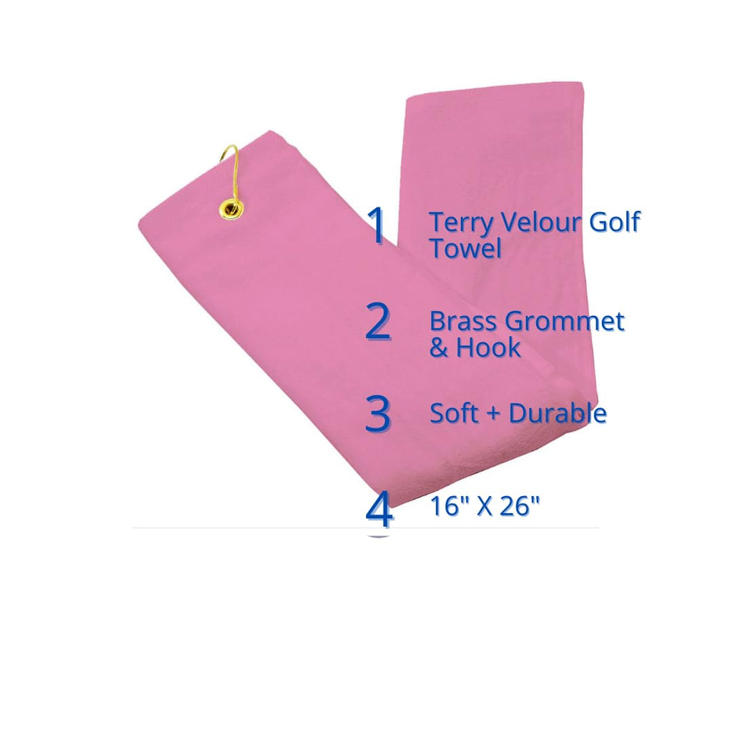 Tri‑Fold Golf Towel 16x26 Cotton Velour with Brass Grommet & Hook — Embroidery‑Ready — Baby Pink — Attaches to Golf Bag.